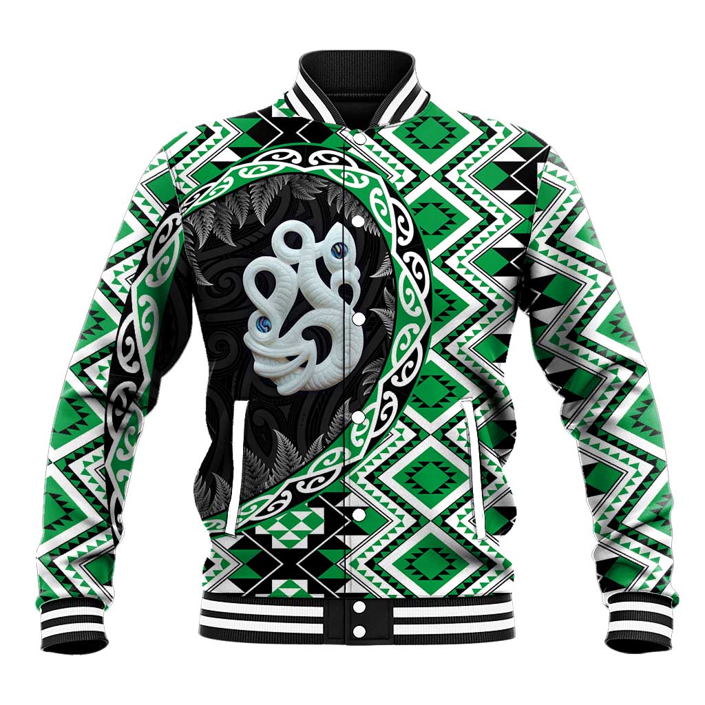 Green Taniko Motif Aotearoa Manaia and Silver Fern Baseball Jacket LT03 Unisex Green - Polynesian Pride