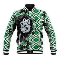 Green Taniko Motif Aotearoa Manaia and Silver Fern Baseball Jacket LT03 Unisex Green - Polynesian Pride