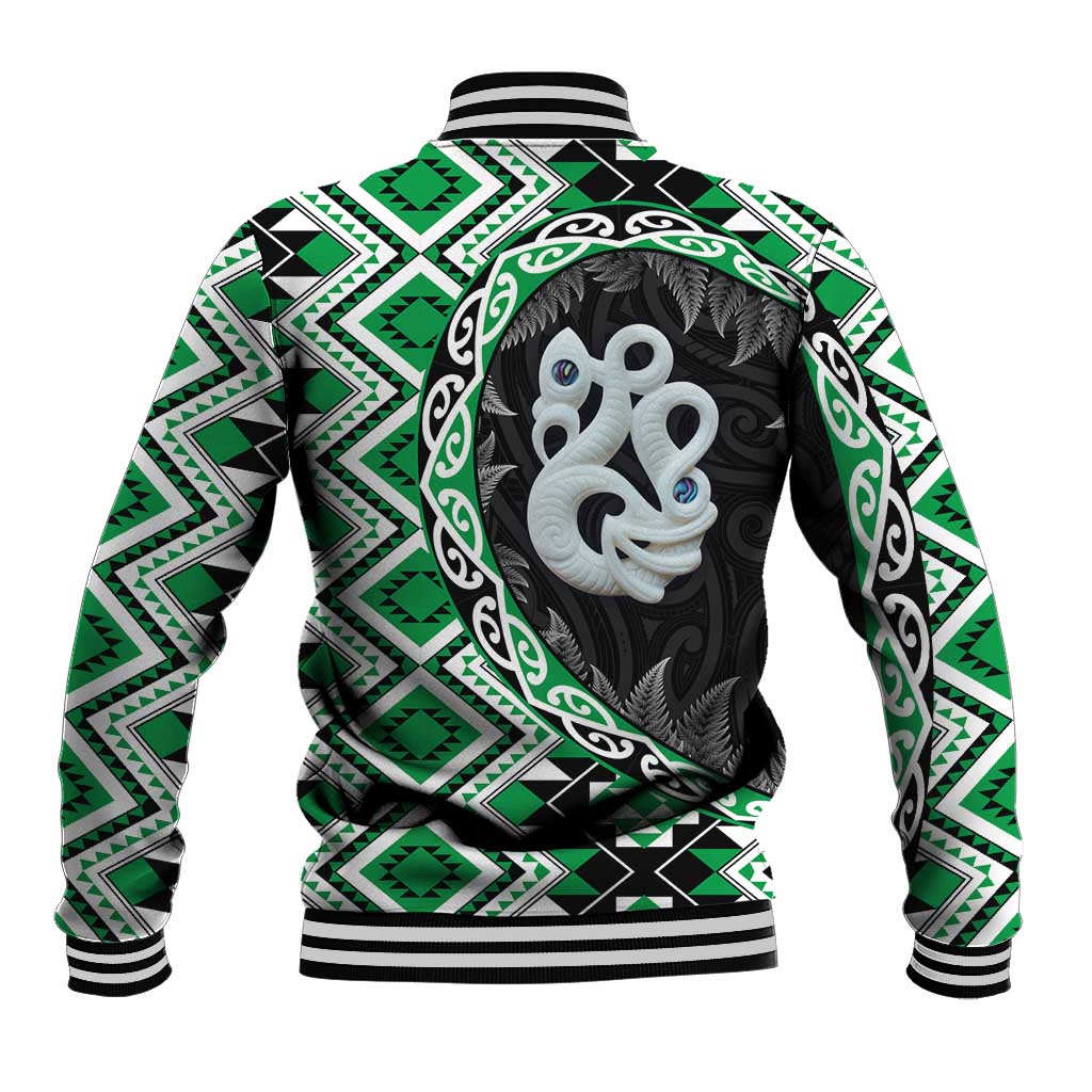 Green Taniko Motif Aotearoa Manaia and Silver Fern Baseball Jacket LT03 - Polynesian Pride