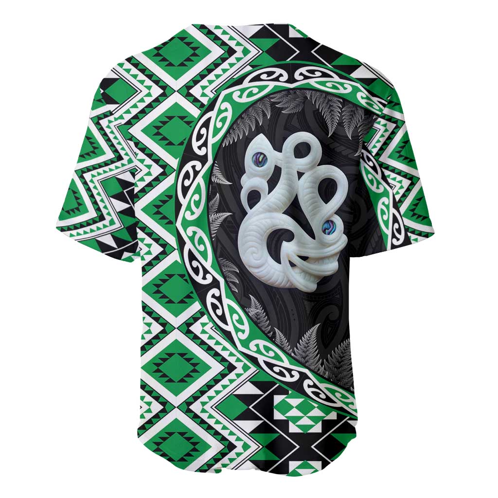 Green Taniko Motif Aotearoa Manaia and Silver Fern Baseball Jersey LT03 - Polynesian Pride