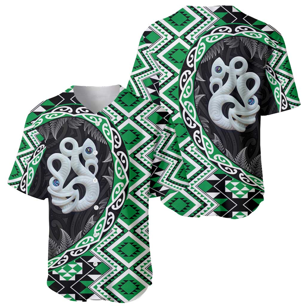 Green Taniko Motif Aotearoa Manaia and Silver Fern Baseball Jersey LT03 - Polynesian Pride
