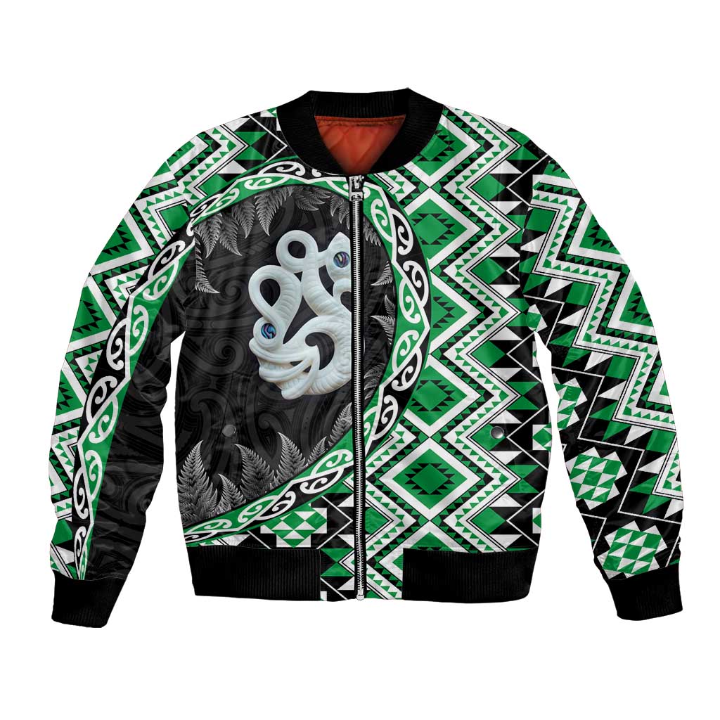 Green Taniko Motif Aotearoa Manaia and Silver Fern Bomber Jacket LT03 Unisex Green - Polynesian Pride