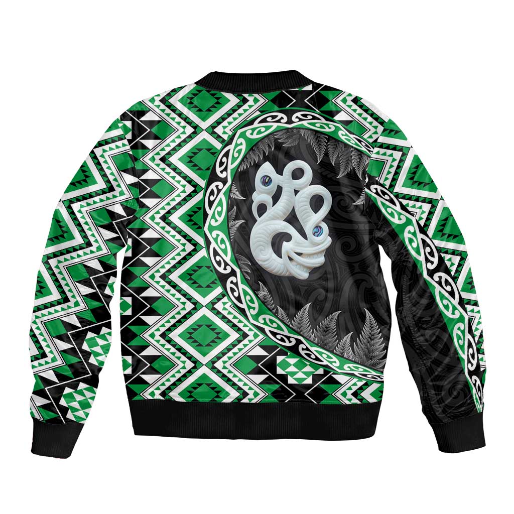Green Taniko Motif Aotearoa Manaia and Silver Fern Bomber Jacket LT03 - Polynesian Pride