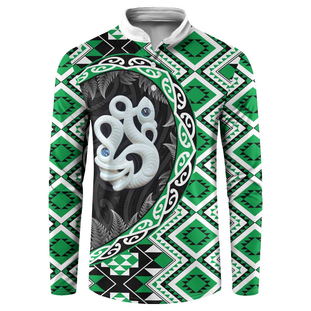 Green Taniko Motif Aotearoa Manaia and Silver Fern Button Sweatshirt LT03 Green - Polynesian Pride