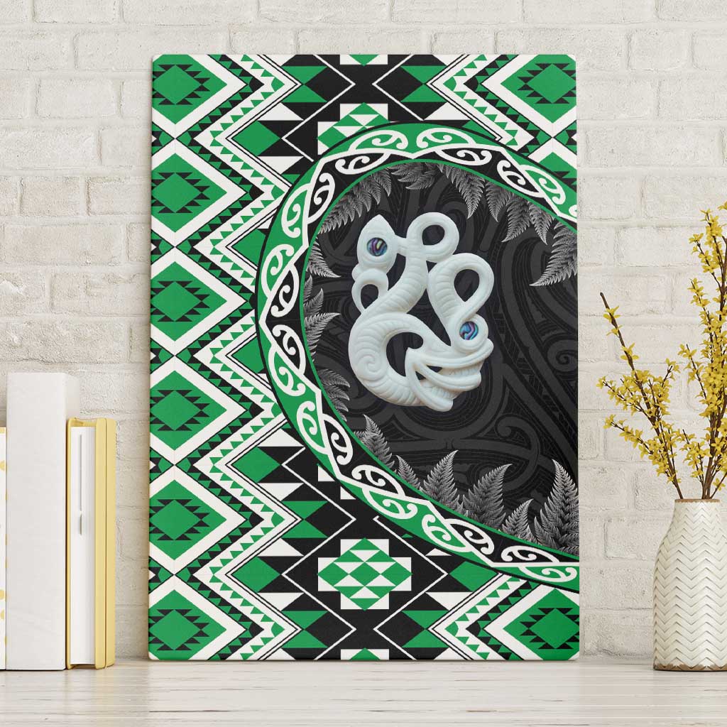 Green Taniko Motif Aotearoa Manaia and Silver Fern Canvas Wall Art LT03 Without Frame Green - Polynesian Pride