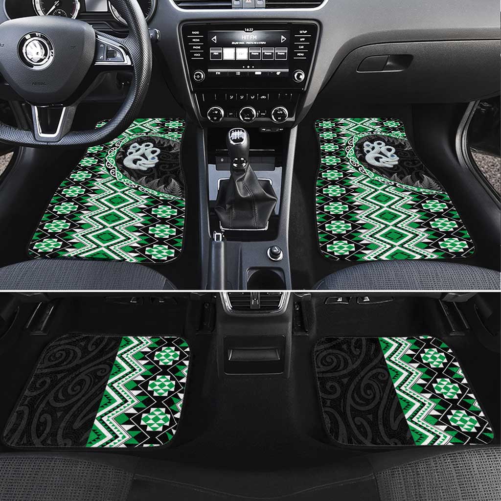 Green Taniko Motif Aotearoa Manaia and Silver Fern Car Mats LT03 Set 4pcs Green - Polynesian Pride