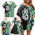 Green Taniko Motif Aotearoa Manaia and Silver Fern Family Matching Off Shoulder Short Dress and Hawaiian Shirt