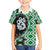 Green Taniko Motif Aotearoa Manaia and Silver Fern Family Matching Off Shoulder Short Dress and Hawaiian Shirt