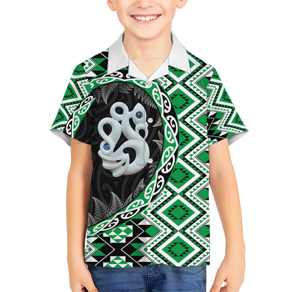 Green Taniko Motif Aotearoa Manaia and Silver Fern Kid Hawaiian Shirt LT03 Kid Green - Polynesian Pride