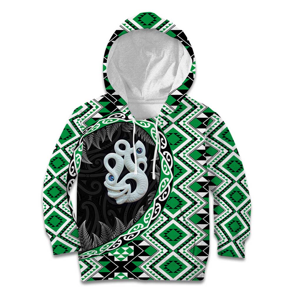 Green Taniko Motif Aotearoa Manaia and Silver Fern Kid Hoodie LT03 Hoodie Green - Polynesian Pride