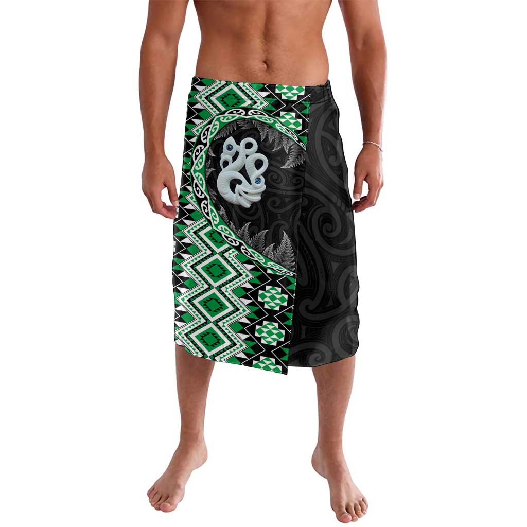 Green Taniko Motif Aotearoa Manaia and Silver Fern Lavalava LT03 Green - Polynesian Pride