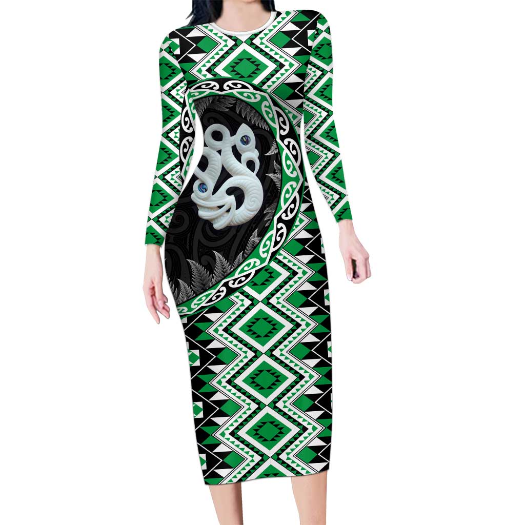 Green Taniko Motif Aotearoa Manaia and Silver Fern Long Sleeve Bodycon Dress LT03 Long Dress Green - Polynesian Pride