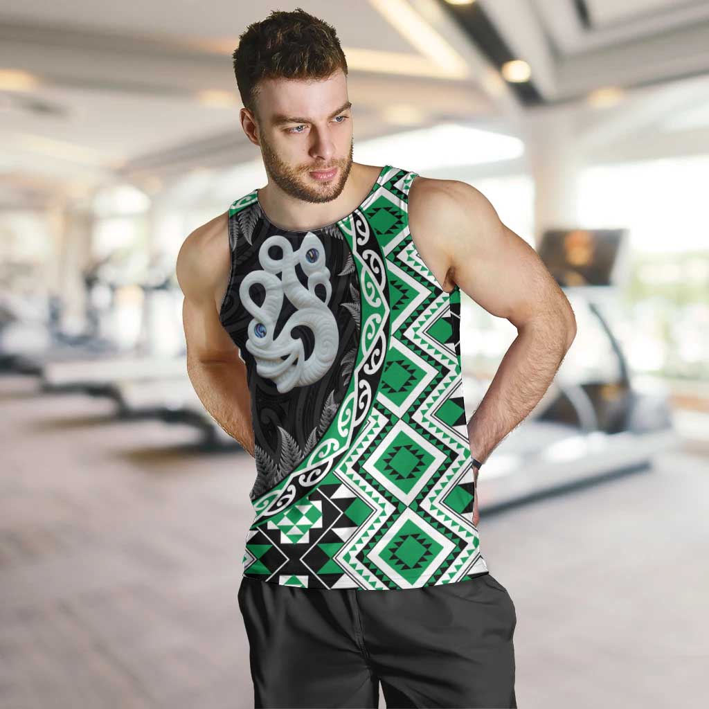 Green Taniko Motif Aotearoa Manaia and Silver Fern Men Tank Top LT03 Green - Polynesian Pride