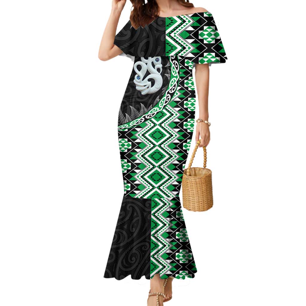 Green Taniko Motif Aotearoa Manaia and Silver Fern Mermaid Dress LT03 Women Green - Polynesian Pride