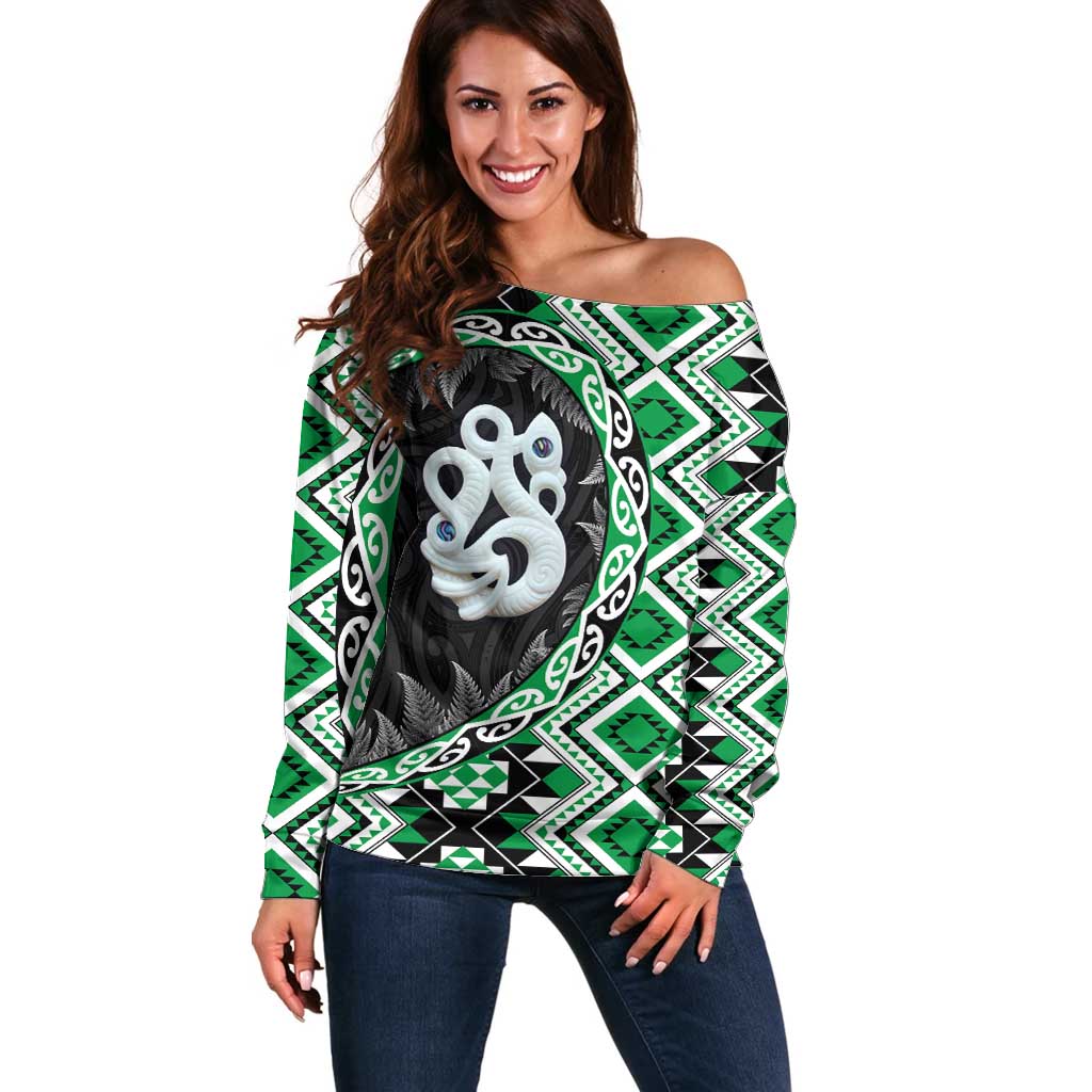 Green Taniko Motif Aotearoa Manaia and Silver Fern Off Shoulder Sweater LT03 Women Green - Polynesian Pride