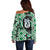 Green Taniko Motif Aotearoa Manaia and Silver Fern Off Shoulder Sweater