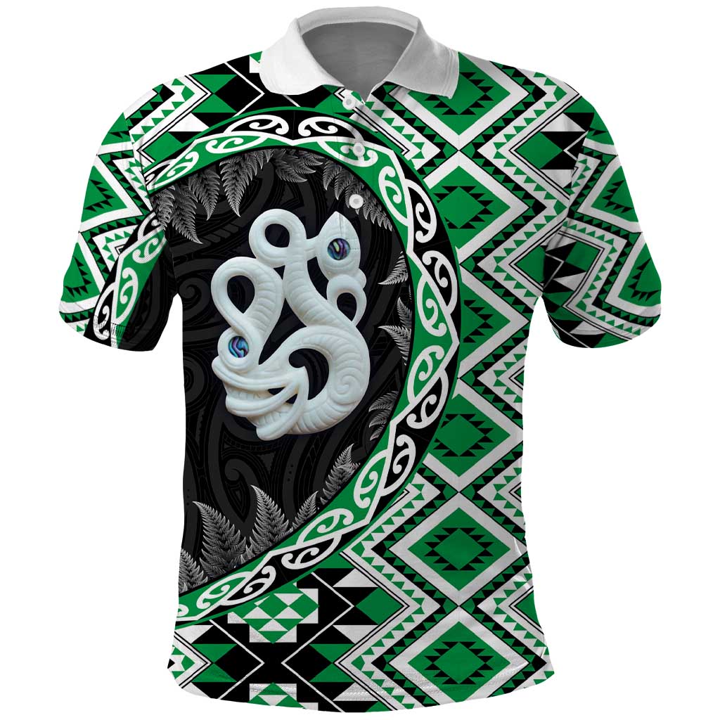 Green Taniko Motif Aotearoa Manaia and Silver Fern Polo Shirt LT03 Green - Polynesian Pride