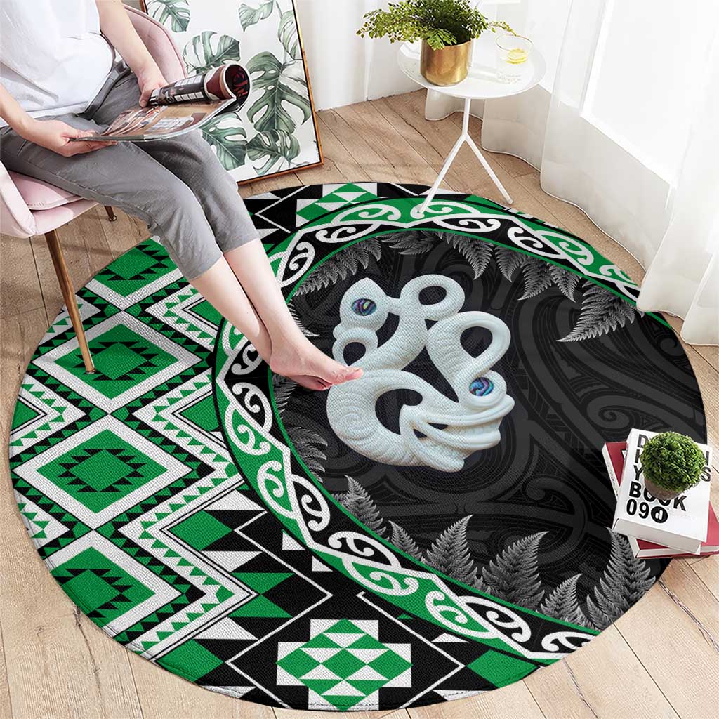 Green Taniko Motif Aotearoa Manaia and Silver Fern Round Carpet LT03 - Polynesian Pride