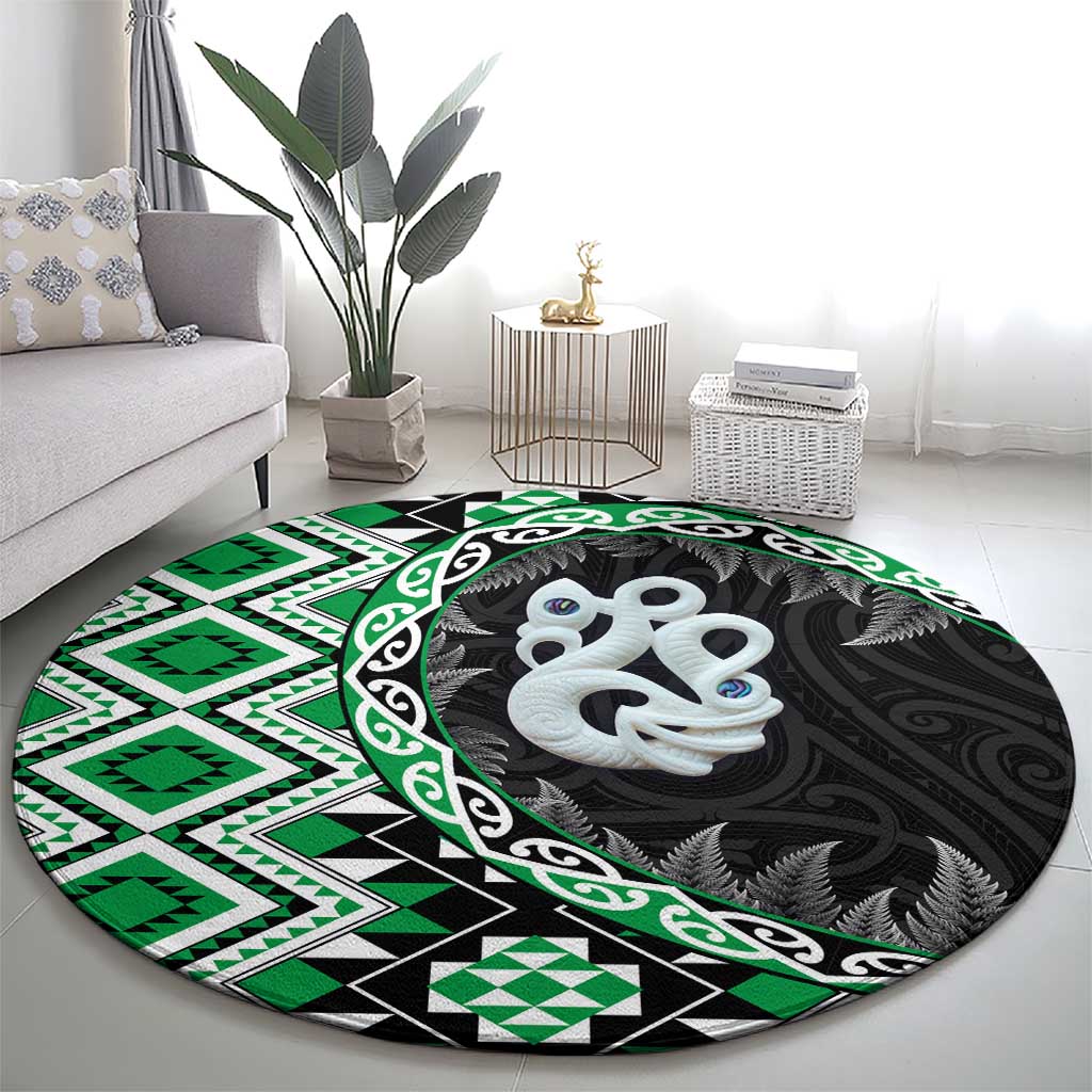 Green Taniko Motif Aotearoa Manaia and Silver Fern Round Carpet LT03 - Polynesian Pride