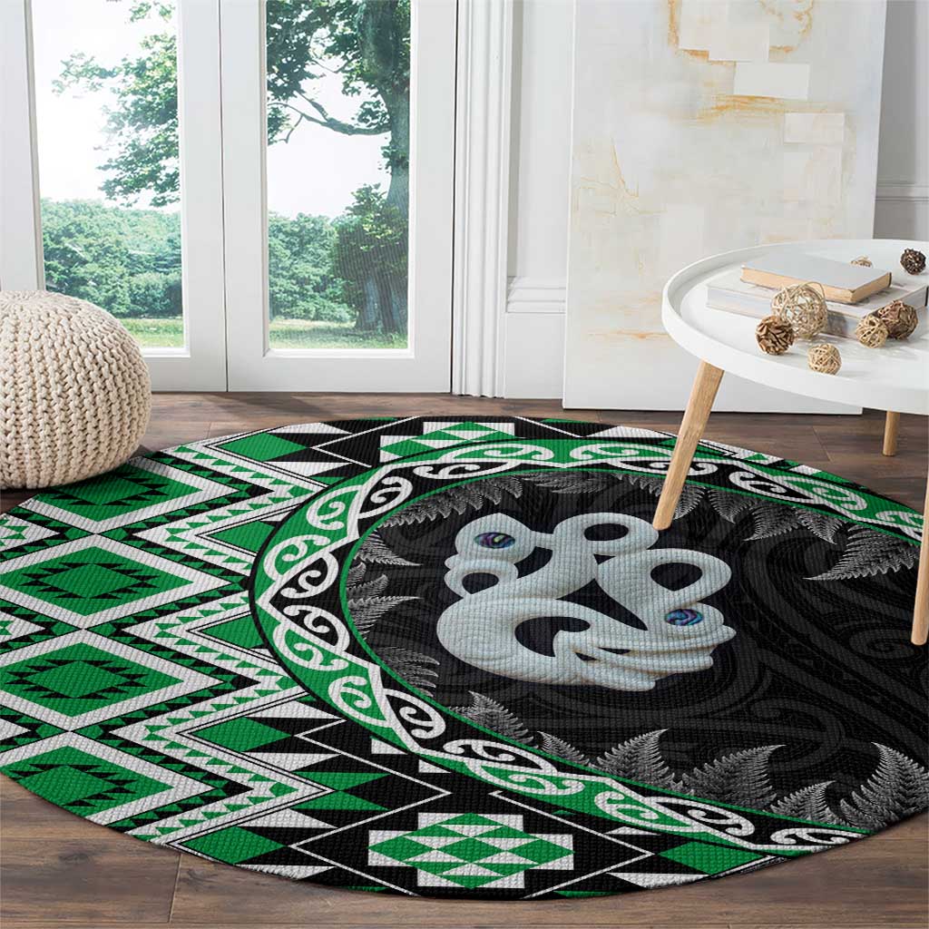 Green Taniko Motif Aotearoa Manaia and Silver Fern Round Carpet LT03 - Polynesian Pride