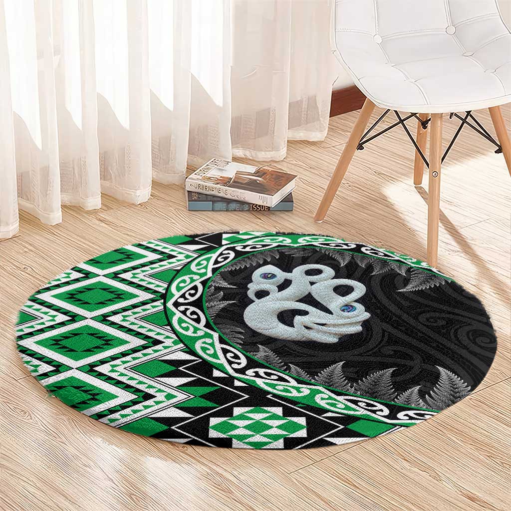 Green Taniko Motif Aotearoa Manaia and Silver Fern Round Carpet LT03 - Polynesian Pride