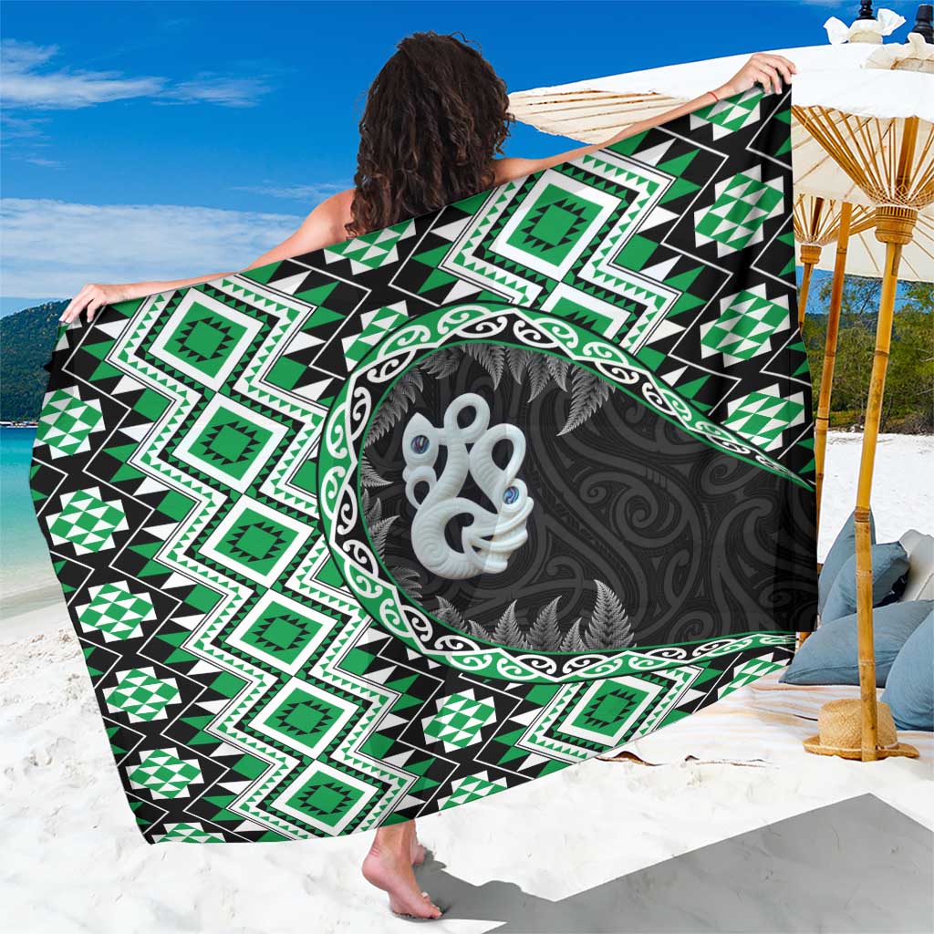 Green Taniko Motif Aotearoa Manaia and Silver Fern Sarong LT03 One Size 44 x 66 inches Green - Polynesian Pride