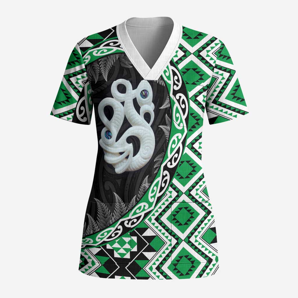 Green Taniko Motif Aotearoa Manaia and Silver Fern Scrub Top LT03 Adult Green - Polynesian Pride