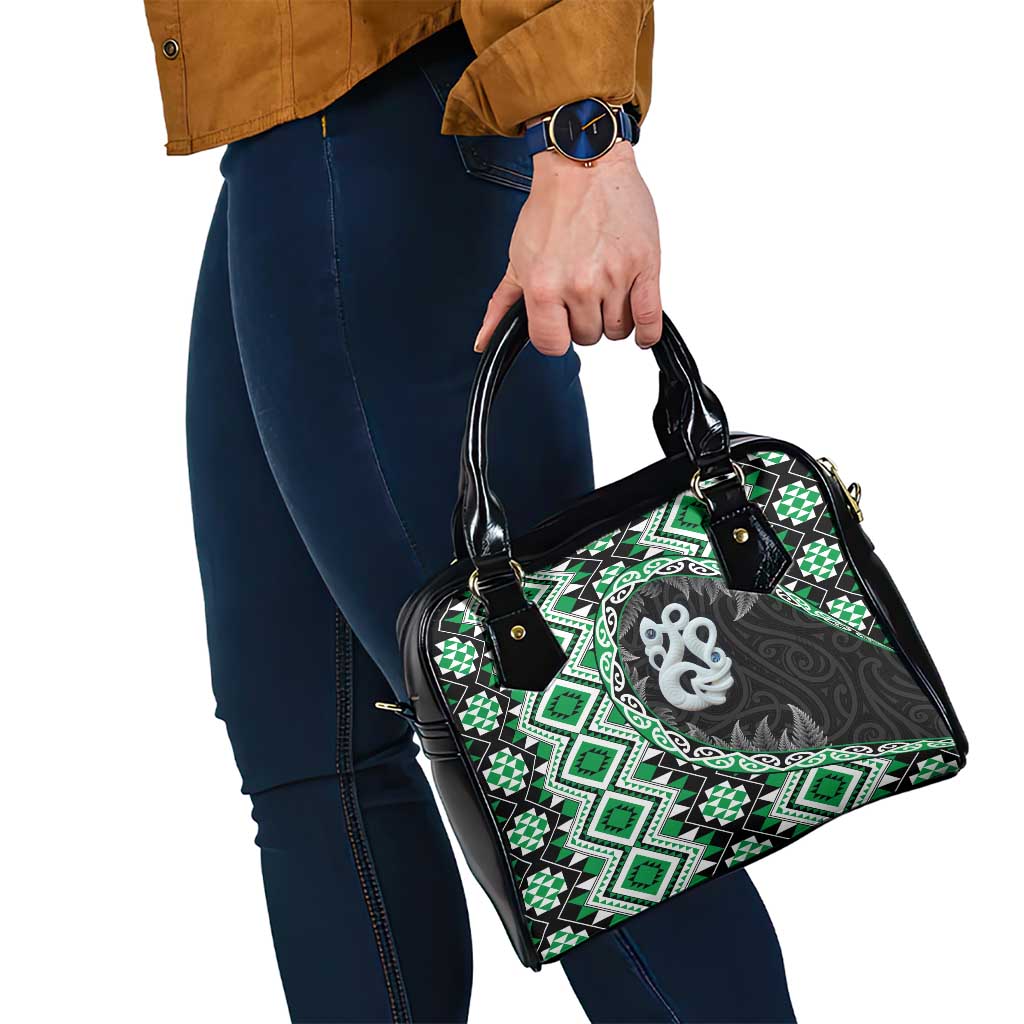 Green Taniko Motif Aotearoa Manaia and Silver Fern Shoulder Handbag LT03 - Polynesian Pride