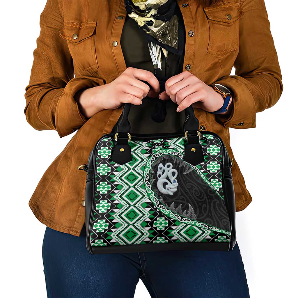 Green Taniko Motif Aotearoa Manaia and Silver Fern Shoulder Handbag LT03 - Polynesian Pride
