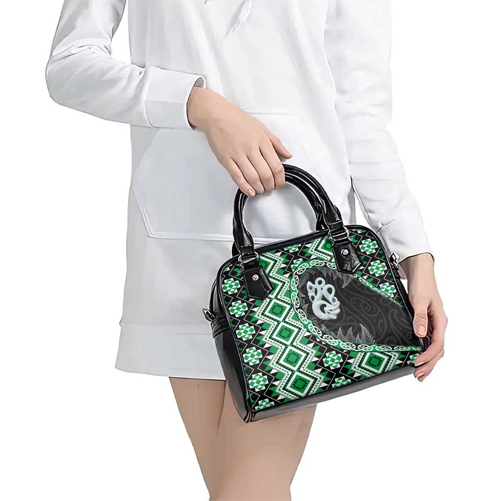 Green Taniko Motif Aotearoa Manaia and Silver Fern Shoulder Handbag LT03 - Polynesian Pride