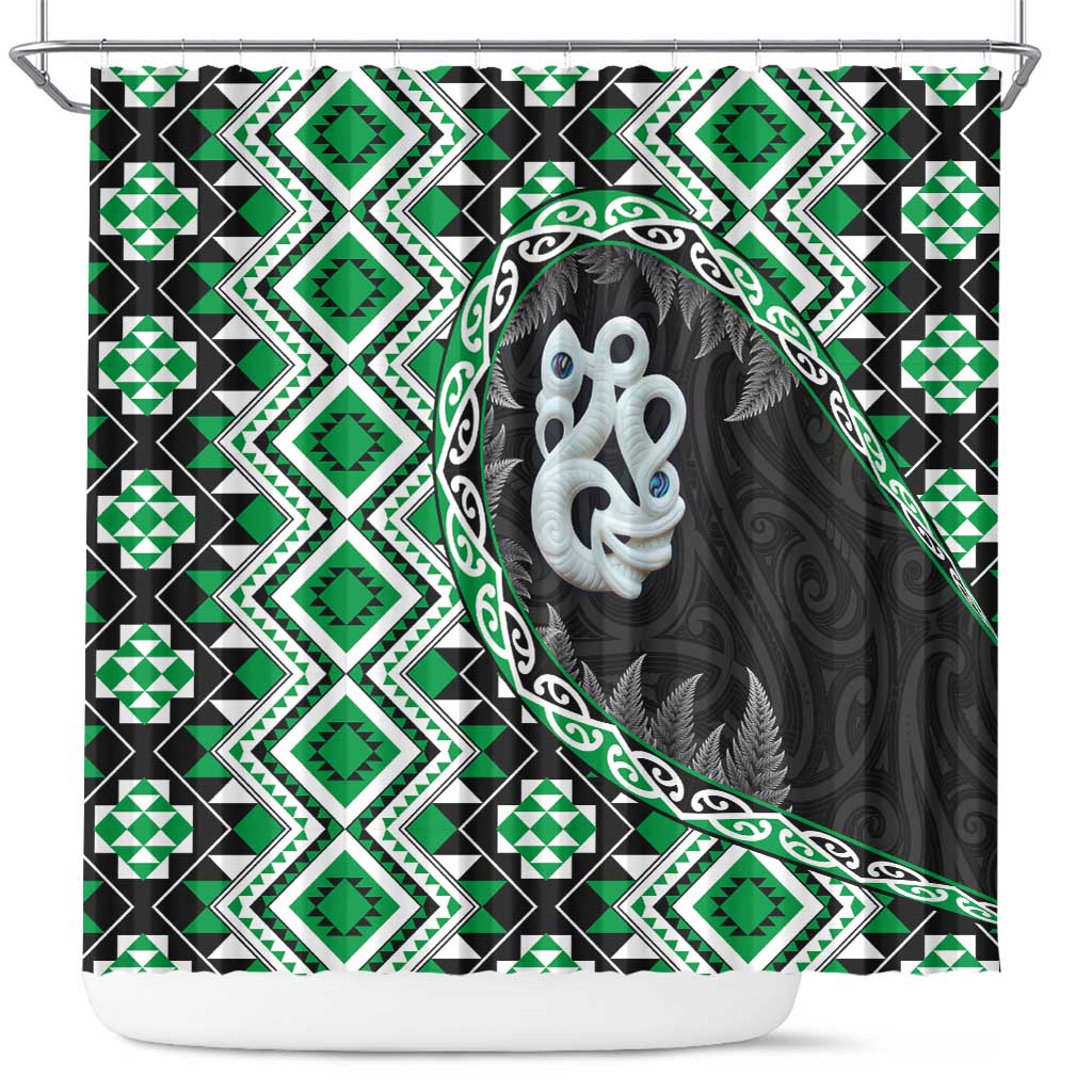Green Taniko Motif Aotearoa Manaia and Silver Fern Shower Curtain LT03 Green - Polynesian Pride