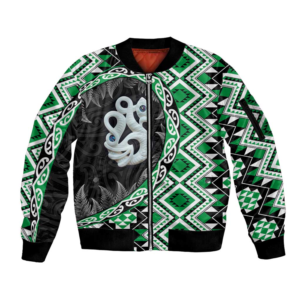 Green Taniko Motif Aotearoa Manaia and Silver Fern Sleeve Zip Bomber Jacket LT03 Unisex Green - Polynesian Pride