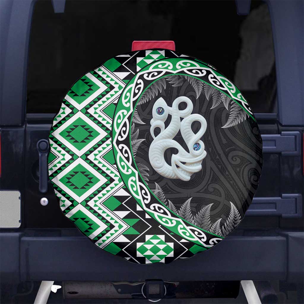 Green Taniko Motif Aotearoa Manaia and Silver Fern Spare Tire Cover LT03 No hole Green - Polynesian Pride
