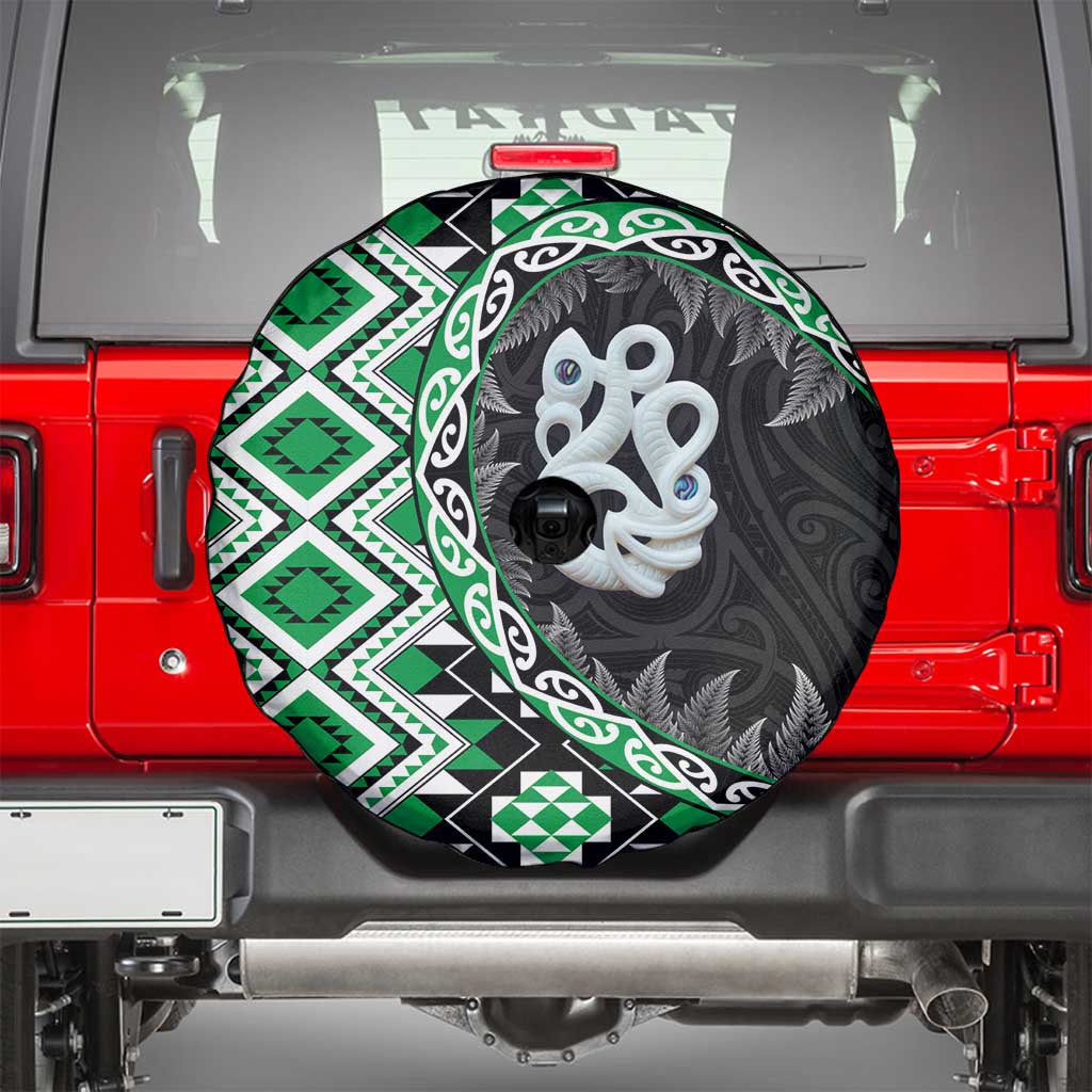 Green Taniko Motif Aotearoa Manaia and Silver Fern Spare Tire Cover LT03 - Polynesian Pride