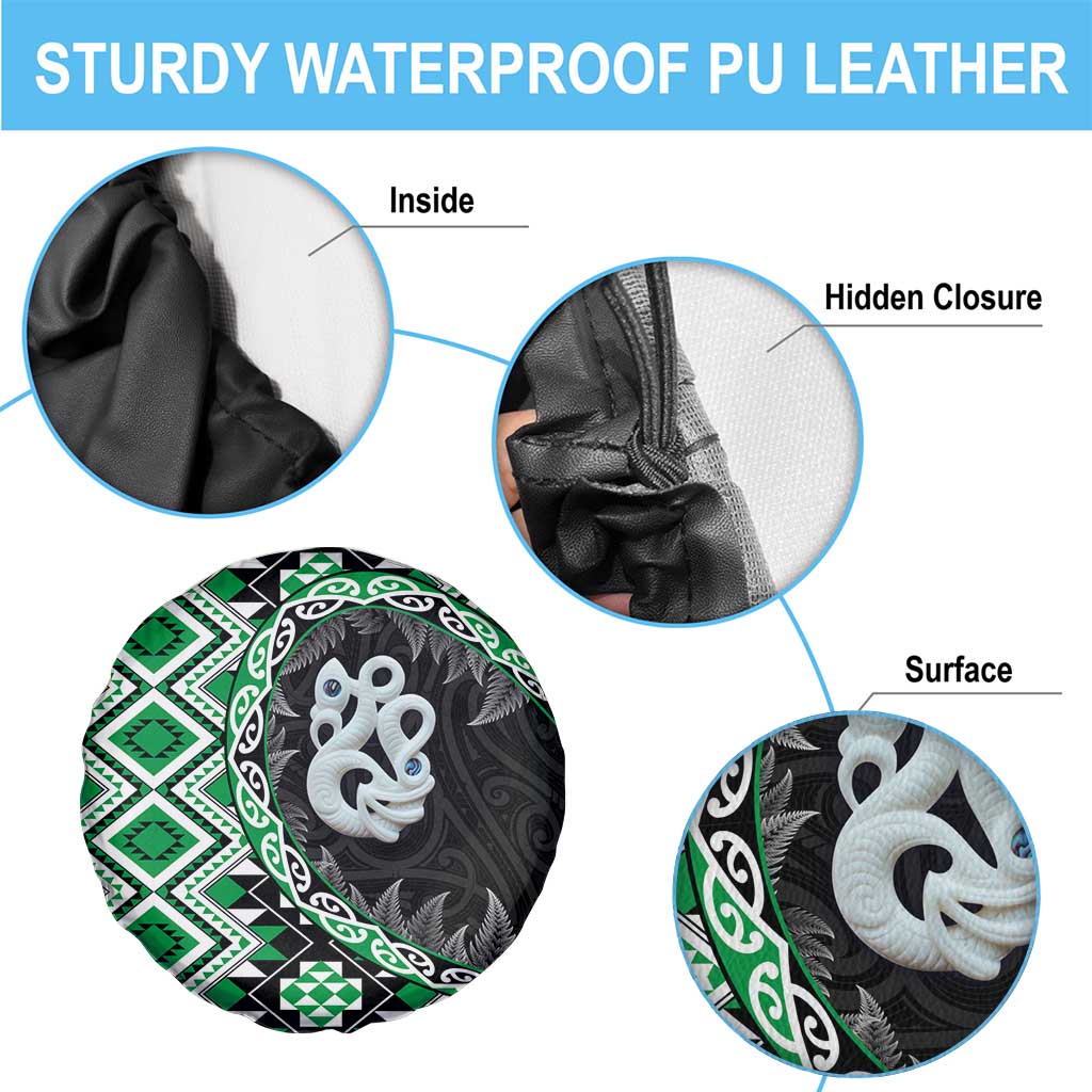 Green Taniko Motif Aotearoa Manaia and Silver Fern Spare Tire Cover LT03 - Polynesian Pride