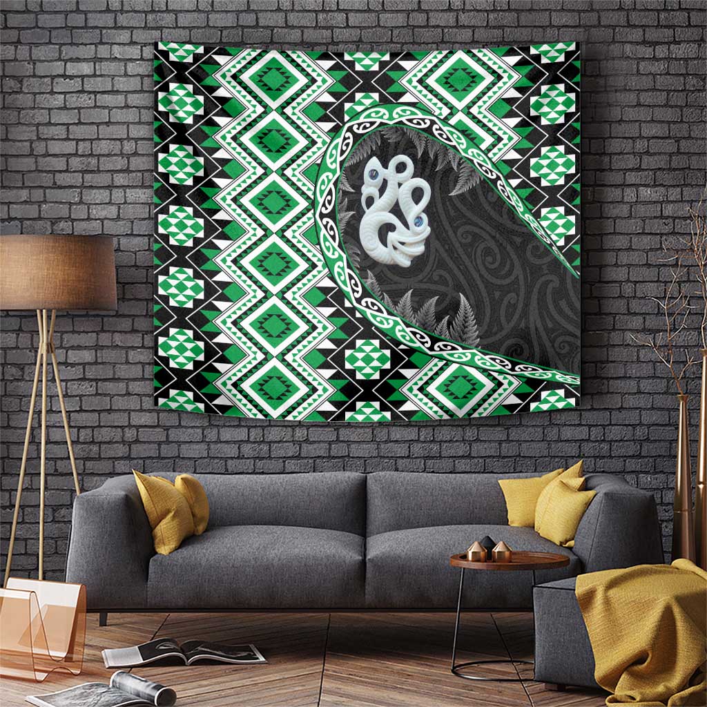 Green Taniko Motif Aotearoa Manaia and Silver Fern Tapestry LT03 Green - Polynesian Pride