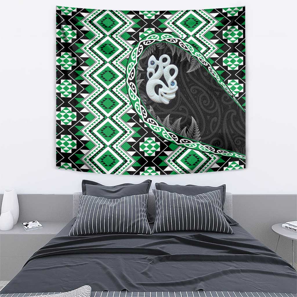 Green Taniko Motif Aotearoa Manaia and Silver Fern Tapestry LT03 - Polynesian Pride
