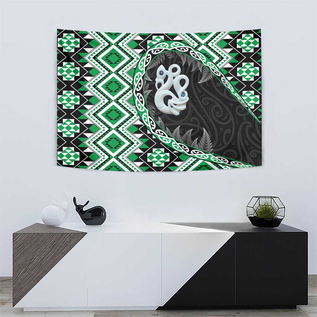 Green Taniko Motif Aotearoa Manaia and Silver Fern Tapestry LT03 - Polynesian Pride