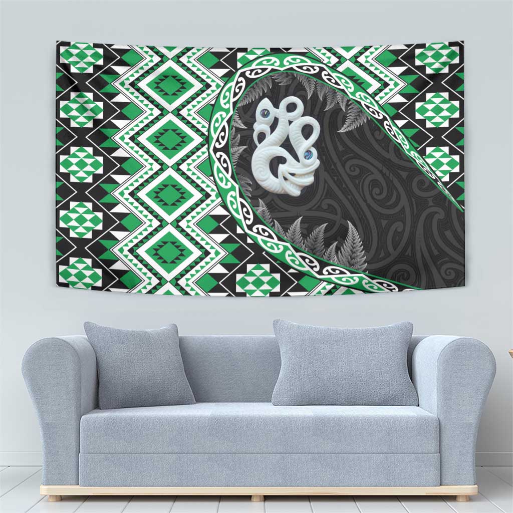 Green Taniko Motif Aotearoa Manaia and Silver Fern Tapestry LT03 - Polynesian Pride