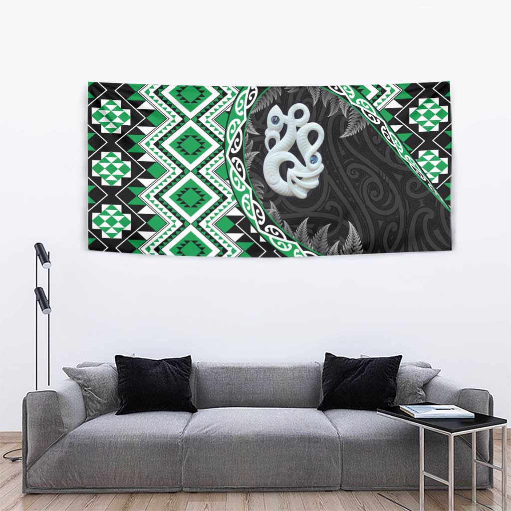 Green Taniko Motif Aotearoa Manaia and Silver Fern Tapestry LT03 - Polynesian Pride
