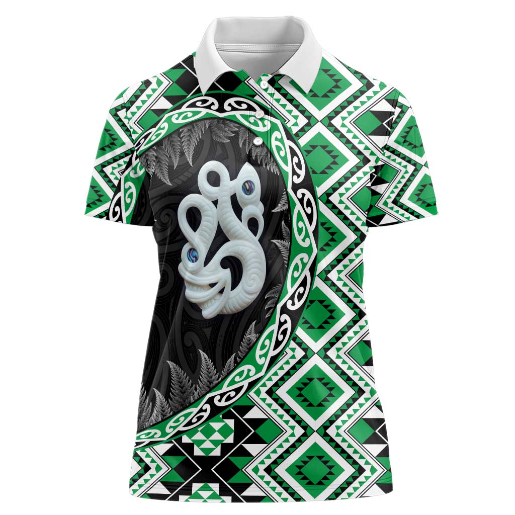 Green Taniko Motif Aotearoa Manaia and Silver Fern Women Polo Shirt LT03 Female Green - Polynesian Pride