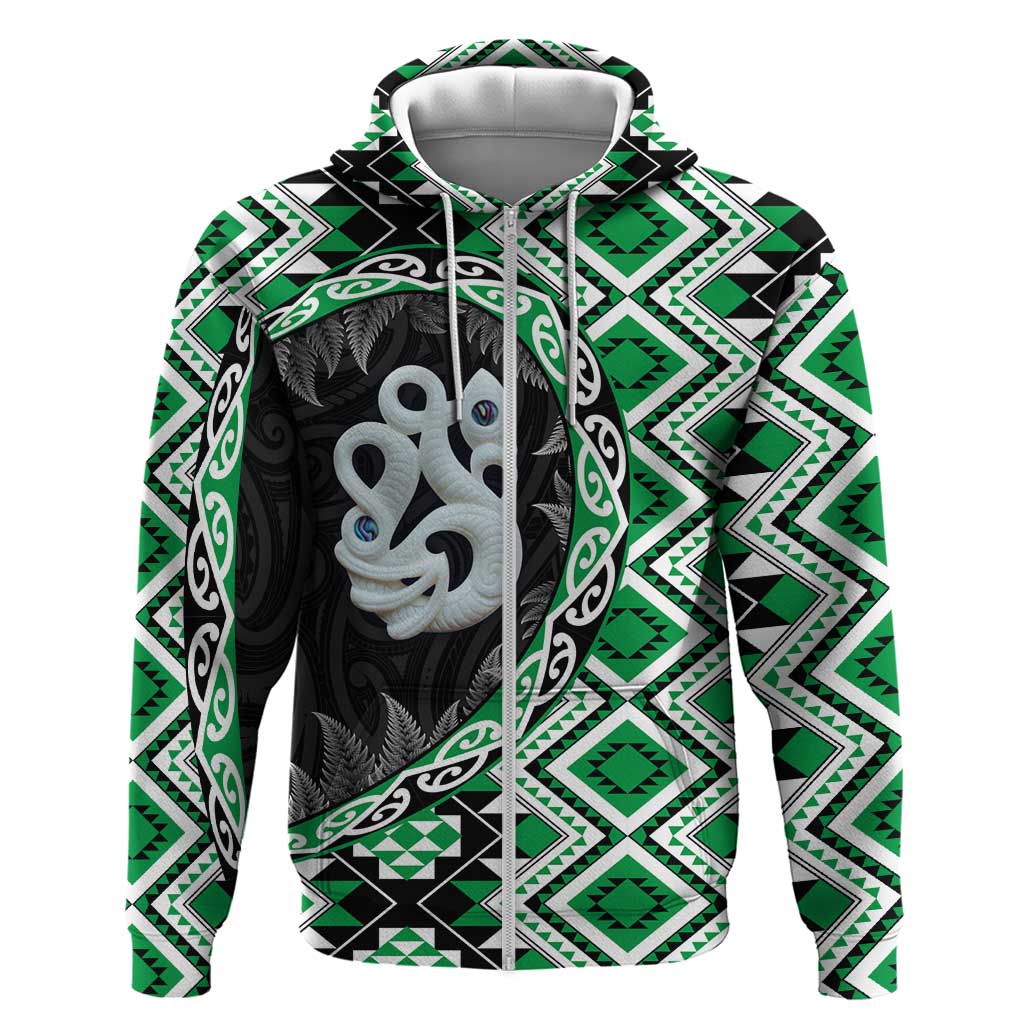 Green Taniko Motif Aotearoa Manaia and Silver Fern Zip Hoodie LT03 Zip Hoodie Green - Polynesian Pride