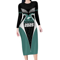 Custom New Zealand Bicycle 2025 Long Sleeve Bodycon Dress LT03 Long Dress Black-Teal - Polynesian Pride