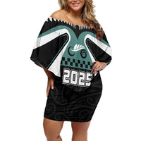 Custom New Zealand Bicycle 2025 Off Shoulder Short Dress LT03 Women Black-Teal - Polynesian Pride