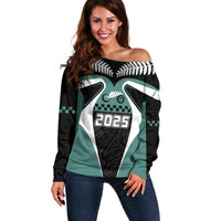 Custom New Zealand Bicycle 2025 Off Shoulder Sweater LT03 Women Black-Teal - Polynesian Pride