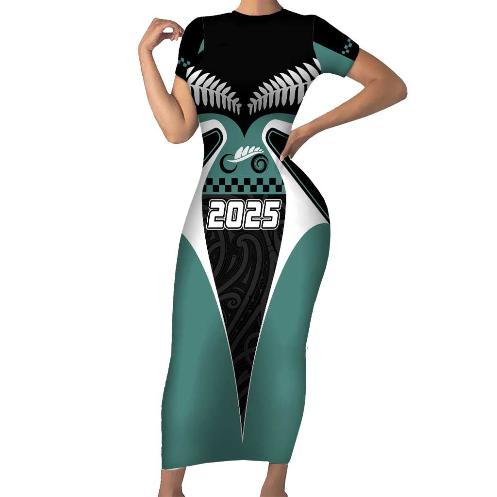 Custom New Zealand Bicycle 2025 Short Sleeve Bodycon Dress LT03 Long Dress Black-Teal - Polynesian Pride