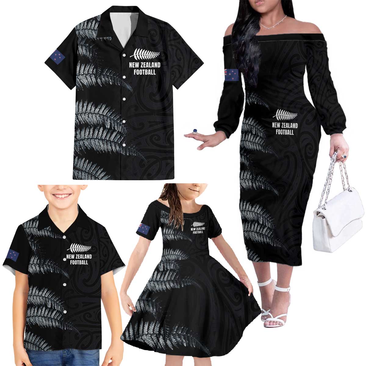 Custom New Zealand Football-Towards World Cup 2026 Family Matching Off The Shoulder Long Sleeve Dress and Hawaiian Shirt