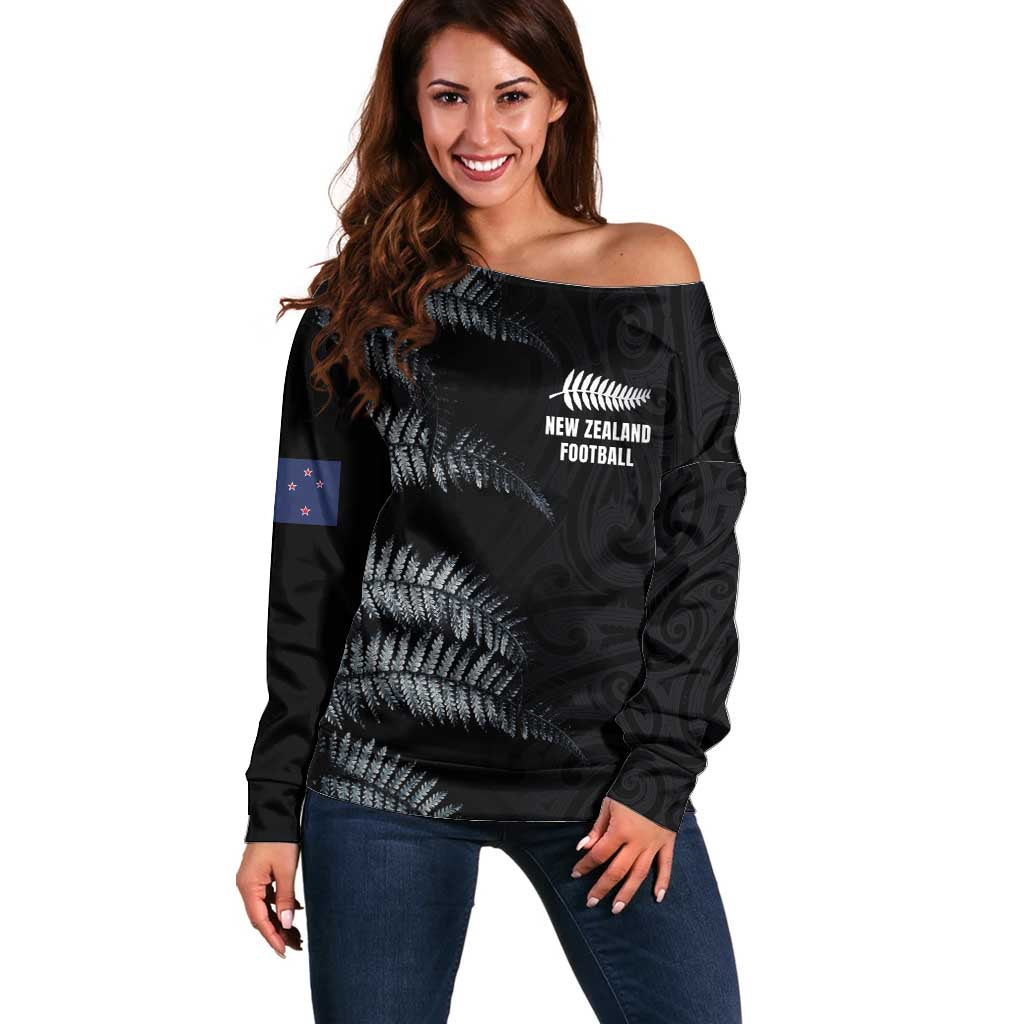 Custom New Zealand Football-Towards World Cup 2026 Off Shoulder Sweater LT03 Women Black - Polynesian Pride