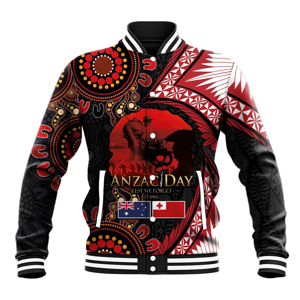 Tonga and Australia ANZAC Day Baseball Jacket Aboriginal and Ngatu Art Pattern - Gallipoli Lest We Forget LT03 Unisex Black - Polynesian Pride