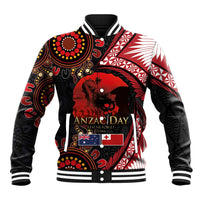 Tonga and Australia ANZAC Day Baseball Jacket Aboriginal and Ngatu Art Pattern - Gallipoli Lest We Forget LT03 Unisex Black - Polynesian Pride